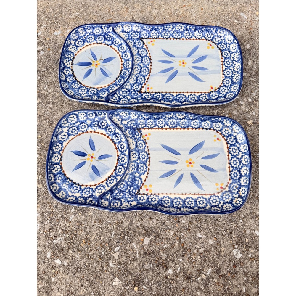 Temp-tations Old World Blue Divided Serving Tray Set 2 Floral Appetizer Platter